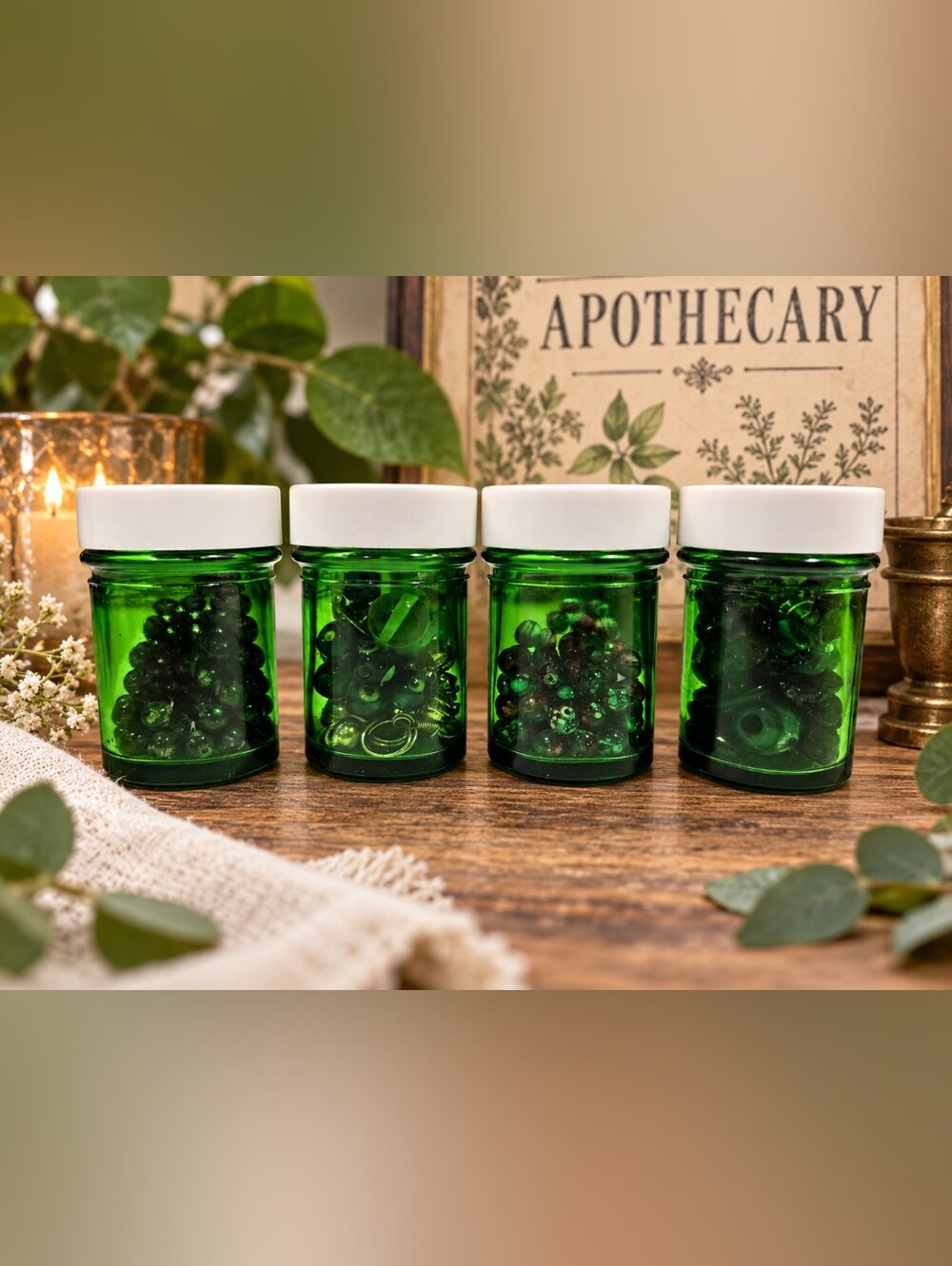 Vintage Green Glass Apothecary Jars Set of 4 with Assorted Beads, Vintage